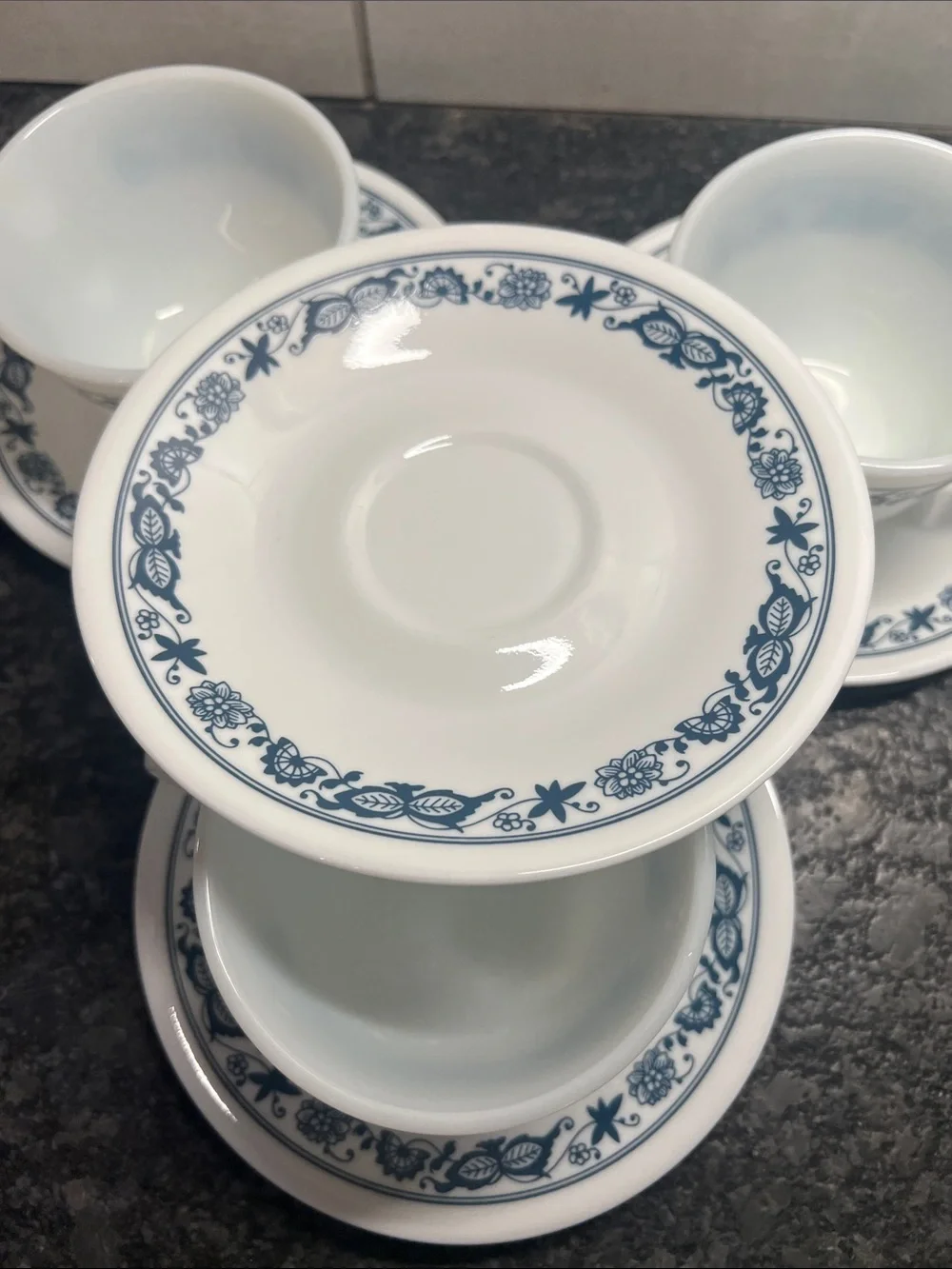 Vintage Corelle/Pyrex Old  Town Blue or Blue Onion  Floral Teacup and Saucer Set